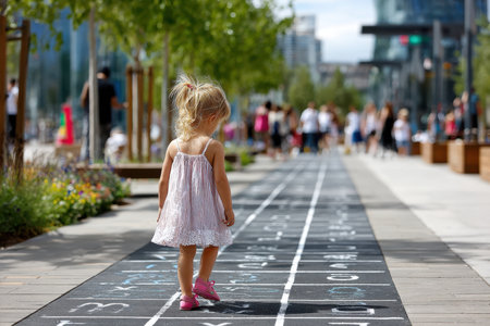 A young girl in a light dress strolls along a colorful pathway while people enjoy a sunny day in the city.の写真素材