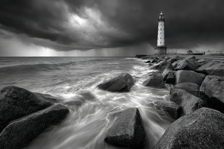 Black and white photo of a lighthouse on a rocky coast under a stormy skyの写真素材