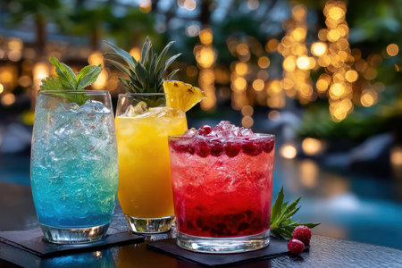 Three colorful cocktails with fruit garnishes sit on a table by a pool at nightの写真素材