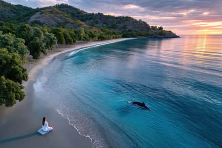 Woman meditates on a tropical beach at sunrise with a dolphin nearbyの写真素材