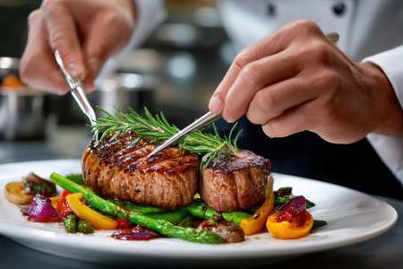 A chef carefully plates two grilled steaks alongside colorful vegetables for an elegant dinner presentation.の写真素材