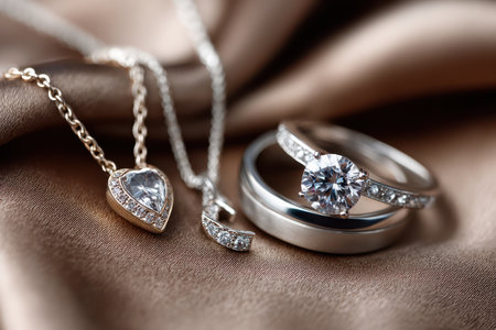 Diamond rings and a heart-shaped pendant necklace rest on shimmering silkの写真素材