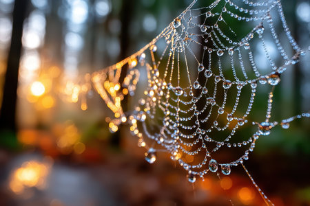 A spiderweb covered in glistening dewdrops in a forest at sunriseの写真素材