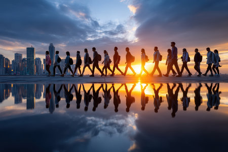 Groups of people stroll along the waterfront as the sun sets, creating beautiful reflections in the water.の写真素材