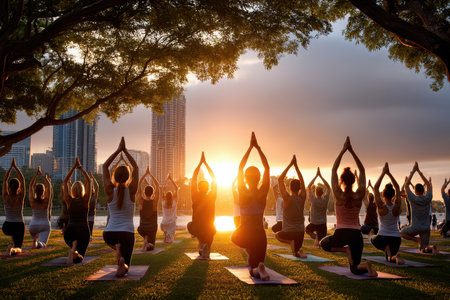 Practitioners kneel on mats, hands raised in yoga poses as the sun sets behind buildings.の写真素材