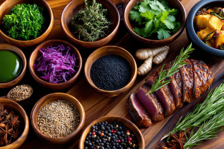 Sliced steak on a wooden board surrounded by bowls of herbs, spices, and vegetablesの写真素材
