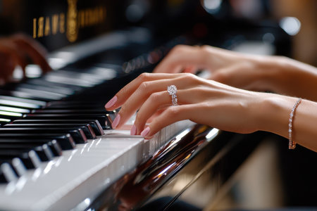 Hands delicately press piano keys, producing beautiful melodies in a cozy, elegant environment.の写真素材