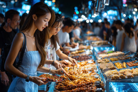 A woman selecting food from a street vendor at a night marketの写真素材
