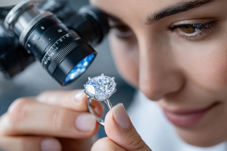 A jeweler uses a magnifying glass to inspect a diamond ringの写真素材