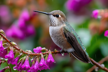 A hummingbird perches on a branch with pink flowers in the rainの写真素材