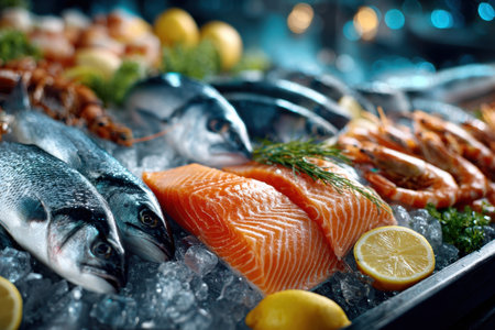 Fresh seafood on ice with lemon and herbsの写真素材