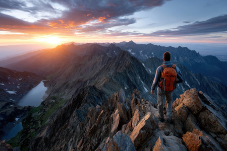 Hiker standing on a mountain peak overlooking a vast valley at sunsetの写真素材