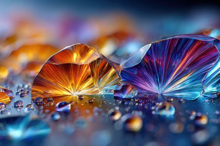 Colorful crystal shards with water droplets on a reflective surfaceの写真素材