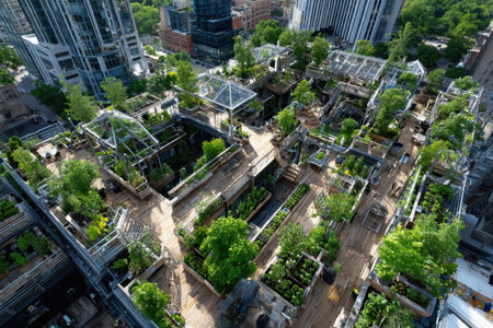 Lush rooftop garden with trees and plants on top of a city buildingの写真素材