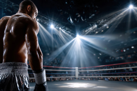A boxer stands with his back to the camera in a brightly lit boxing ringの写真素材