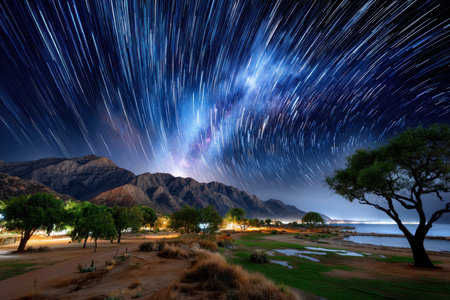 Star trails illuminate a tranquil coastal scene with mountains and treesの写真素材