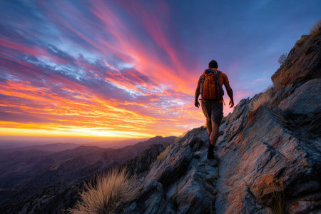 A hiker with a backpack climbs a rocky mountain at sunsetの写真素材