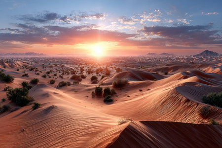 Rolling sand dunes stretch across a desert landscape at sunsetの写真素材