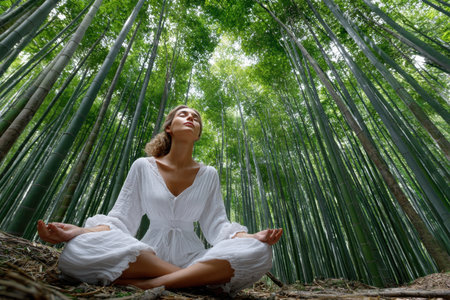 A woman in a white dress meditates peacefully in a lush, sunlit bamboo forestの写真素材