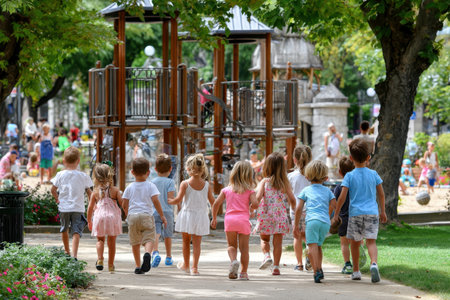 A group of children walk away from a playground on a sunny dayの写真素材