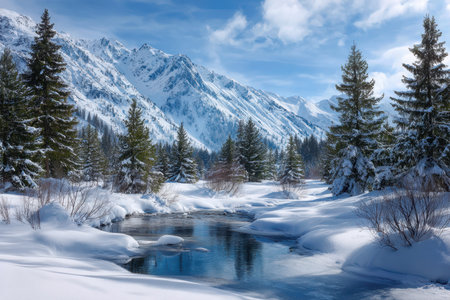 Majestic mountains rise above a peaceful stream surrounded by thick snow and evergreen trees in winter.の写真素材