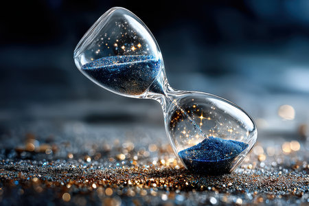 An elegant hourglass filled with shimmering blue sand rests on a sparkling surface, symbolizing the flow of time.の写真素材