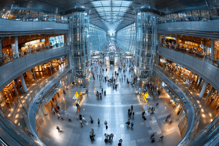 High angle fisheye view of busy modern airport terminal interiorの写真素材