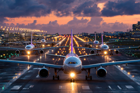 Airplanes taxiing on a runway at sunsetの写真素材