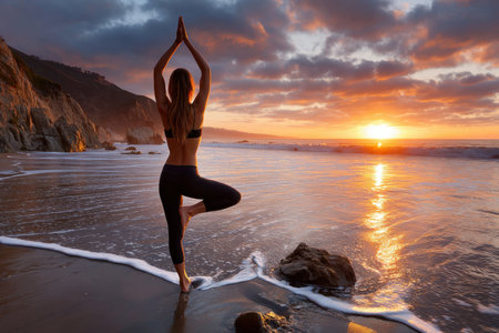 A person practices yoga on the beach at sunsetの写真素材
