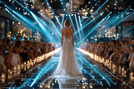 A model walks down a runway lined with candles at a fashion showの写真素材