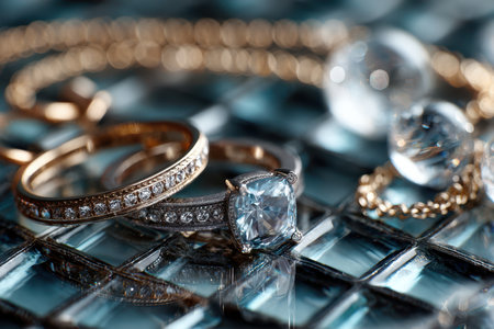 Closeup of rings and necklace on a reflective blue glass tile surfaceの写真素材