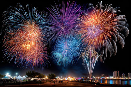 Fireworks exploding over a cityscape at night with a crowd of peopleの写真素材