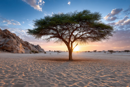 A solitary tree in a vast desert, shot at sunset with a telephoto lens, conveying the harsh beauty of survivalの写真素材