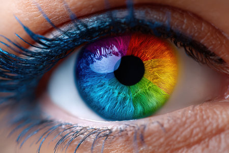 A close-up view showcases a multicolored eye with vibrant hues radiating in circular patterns, reflecting light.の写真素材