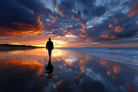 A man silhouetted against a dramatic sunset on a deserted beach, shot with a wide-angle lens, embodying solitude and introspectionの写真素材