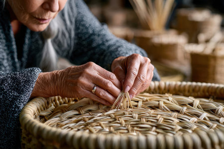 An artisan skillfully weaves a basket using natural materials in a craft workshop, showing intricate techniques.の写真素材