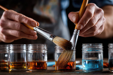 Hands skillfully blend colorful paints in jars, showcasing artistic preparation in a cozy studio setting.の写真素材