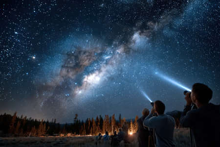 People gather around a campfire, looking up at the Milky Way in the night skyの写真素材