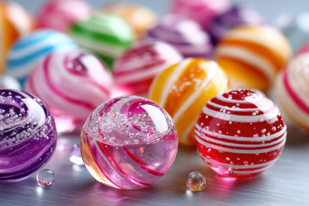 Colorful glass spheres with bubbles inside rest on a metallic surfaceの写真素材