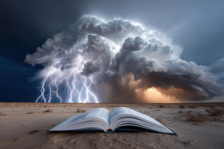 Stormy skies dominate the horizon as lightning flashes around an open book resting on the sand.の写真素材