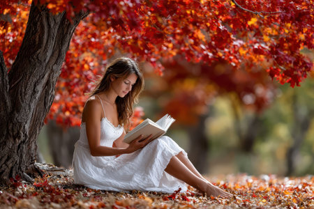 A serene moment of a young woman sitting on the ground, immersed in a book, surrounded by colorful autumn foliage.の写真素材