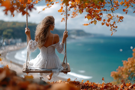 A woman enjoys a peaceful moment on a swing, gazing at the ocean view surrounded by colorful autumn leaves.の写真素材