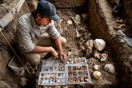 Archaeologist focuses on sorting various historical artifacts during an excavation in a dry environment.の写真素材