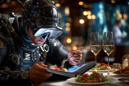 A person in a high-tech suit examines a gourmet menu while dining in an elegant restaurant at night.の写真素材
