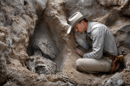 A person in a cowboy hat examines a skeleton unearthed in a desert cave, with sand and rock surrounding them.の写真素材