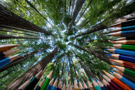 Bright colored pencils in the foreground lead the eye upward through lush trees towards a clear sky.の写真素材