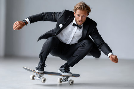 A man in formal attire showcases his skateboarding skills indoors, blending fashion and sport.の写真素材