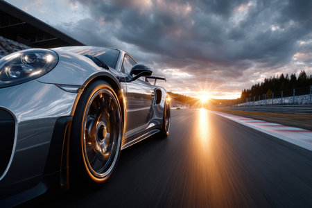 A silver sports car speeds down a racetrack at sunset, with motion blur emphasizing its velocity and the setting sun casting a warm glowの写真素材