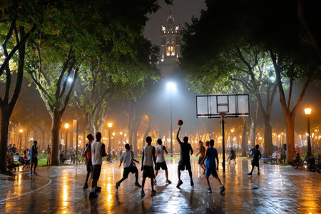 Groups of players engage in an exciting basketball game under artificial lights at night in a vibrant park.の写真素材