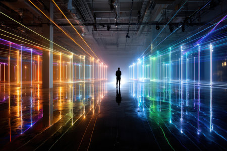 A vibrant display of neon lights in a techno setting, shot in a dark room with a futuristic mood, using a fisheye lens and low-key lighting, with a silhouette of a person in the backgroundの写真素材